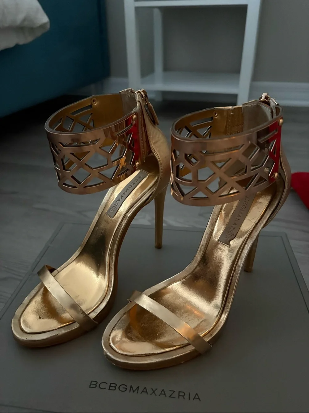 BCBGMaxAzria Gold Metallic Cutout Ankle Cuff Stiletto Sandals